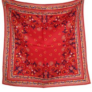 Vintage 70s Scarf Red Multicolor Floral Folk Art Print 26" Square